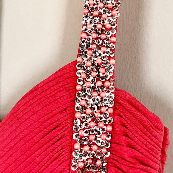 Cache Pink Dress Coral Beaded Sequin Silk Maxi Prom Dress Classic Elegance - Picture 10 of 13